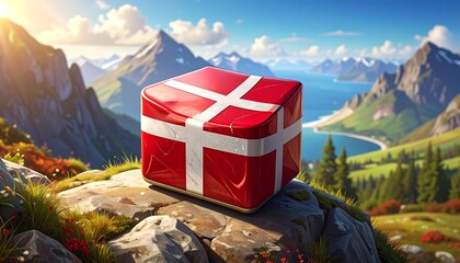 A red gift box with a Danish flag design sits atop a mountain rock, overlooking a scenic landscape.