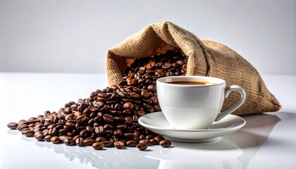 Aromatic Roasted Coffee Beans Spilling from Burlap Sack with Freshly Brewed Cup