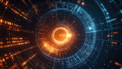 A vibrant, swirling tunnel of orange and blue digital code creates an energetic, futuristic visual experience.