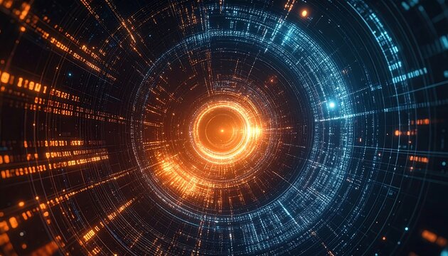 A vibrant, swirling tunnel of orange and blue digital code creates an energetic, futuristic visual experience.