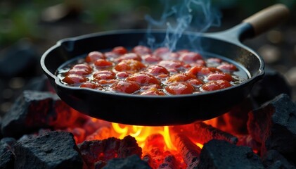 A sizzling hot fire plate, glowing embers visible beneath the cast iron surface, ready for cooking  Perfect for culinary, camping, and outdoor cooking imagery ,  barbecue,  smooth surface