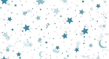 Fototapeta premium A whimsical pattern of blue stars moons and comets scattered across a white background.