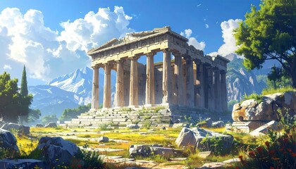 A sun-drenched vista showcases ancient ruins amidst a mountainous landscape, featuring a serene and colorful scene.