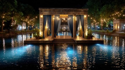 Elegant outdoor venue at night with shimmering water, perfect for romantic events and celebrations