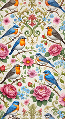 A vibrant and detailed illustration of various birds perched amongst floral patterns and foliage.