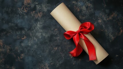 A diploma scroll tied with a red ribbon on a dark textured surface creating a celebratory scene