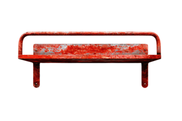 a red bench with a rusted metal frame