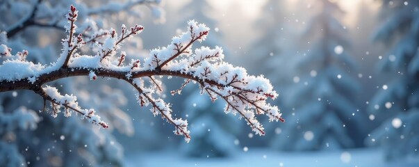 A snow-laden bough bends under the weight of a winter's snowfall, glistening in the soft light Frozen crystals cling to the delicate branches, creating a beautiful winter scene , sun, white, icy