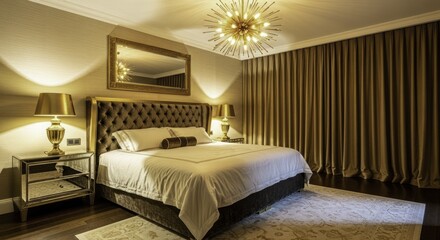 Luxurious Bedroom Interior with Tufted Headboard, Sputnik Chandelier, Gold Lamps, and Mirrored Nightstands, showcasing elegant design, warm lighting, and a sophisticated color palette.