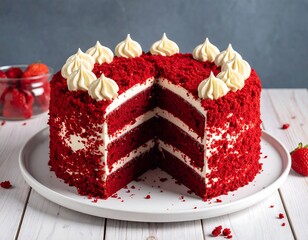 A delightful red velvet cake, layered with creamy frosting, sits on a white plate, showcasing a tempting slice.