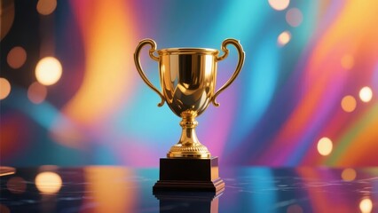 Golden trophy cup on reflective surface with colorful bokeh background