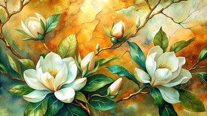 A watercolor painting of white magnolia flowers on a branch with a golden and orange background