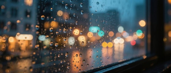 Raindrops on windowpane with blurred city lights at night