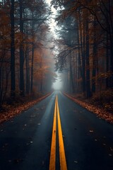 Fototapeta premium Misty autumn forest road with double yellow lines disappearing into foggy horizon, peaceful travel concept, scenic nature landscape with trees in fall colors and moody atmosphere