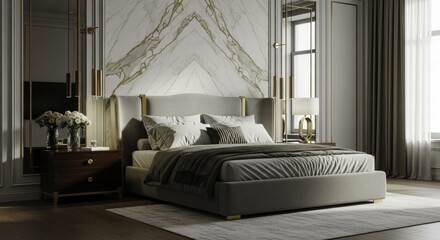 Luxurious Modern Bedroom Interior with Elegant Marble Wall, Gold Accents, Plush Upholstered Bed, and Contemporary Decor