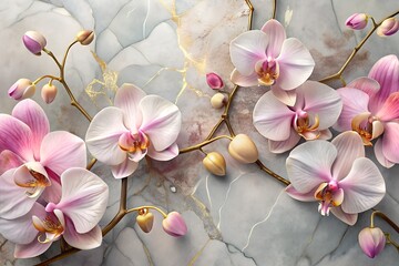 Elegant orchid branch with pink and white flowers on a marble background with gold veins, a luxurious design