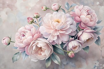 Watercolor painting of a bouquet of pink peonies with soft petals and delicate leaves, a romantic illustration