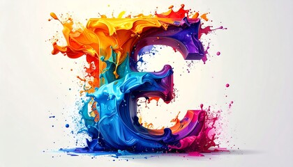 A vibrant, colorful letter "E" formed from splashing paint, radiating energy and creativity against a neutral backdrop.