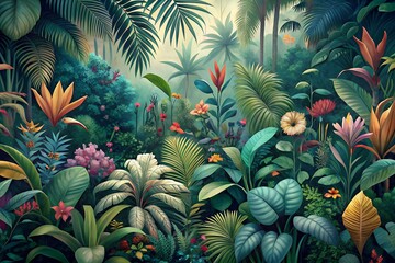 A vibrant watercolor painting of a lush tropical jungle with colorful flowers and dense foliage in vivid tones