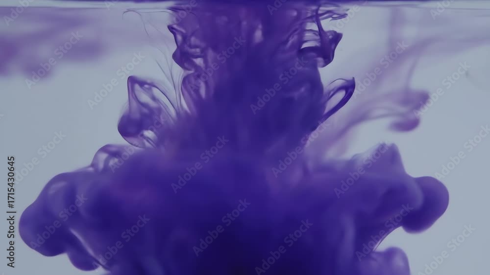 Wall mural a seamlessly looping video featuring delicate purple blue ink drops, diffusing and blending in slow 