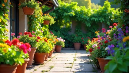 Vibrant patio garden overflowing with colorful flowers and lush herbs in terracotta pots, bathed in sunlight Perfect for summer, relaxation, and outdoor living , botany, flowers, lush