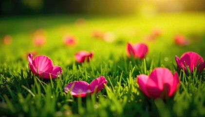 Vibrant pink flower petals scattered on lush green grass, bathed in sunlight Perfect for spring, nature, and floral themes Ideal for websites, blogs, and advertising , sunshine, bloom, flowers