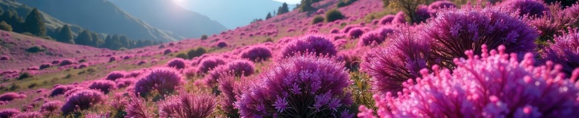Vibrant purple heather blooms in full seasonal splendor, covering a hillside in a breathtaking display of nature's beauty Perfect for autumn or early winter themes , vegetation, bush