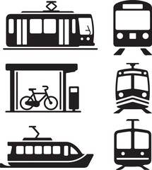 Modern transport icons: trains, tram, boat, bike shelter