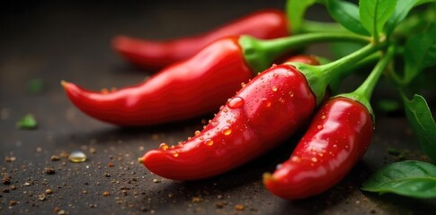 Vibrant red organic hot peppers, freshly harvested, glistening with dew Perfect for culinary use or spicy sauces Grown without pesticides or harmful chemicals , chili, salsa