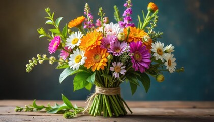 Vibrant, rustic bouquet of wildflowers and herbs, tied with twine Perfect for rustic weddings, home decor, or farmers market displays Sun-drenched, natural beauty , elegant, design