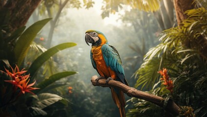 Obraz premium Vibrant colorful parrot with ntricately patterne, blue and yellow macaw ara