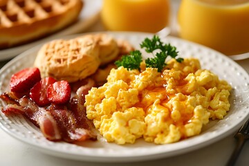 Delicious breakfast plate with scrambled eggs, bacon, strawberries, waffles, and orange juice