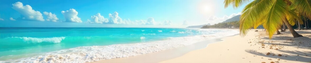 Vibrant summer scene featuring sun-drenched beach, turquoise ocean waves crashing on the shore, and bright sunny sky  Perfect for travel, vacation, or summer themed projects ,  carefree,  tranquility