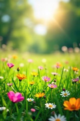 Vibrant, sun-drenched meadow bursting with wildflowers and lush green grass Perfect for spring, summer, or nature-themed projects Ideal for backgrounds, websites, or print media , growth, plants