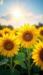 Fototapeta premium Vibrant sunflowers bask in golden sunlight, their faces turned towards the sun in a field of green A stunning display of nature's beauty, perfect for summer or harvest themes , wildflowers, head