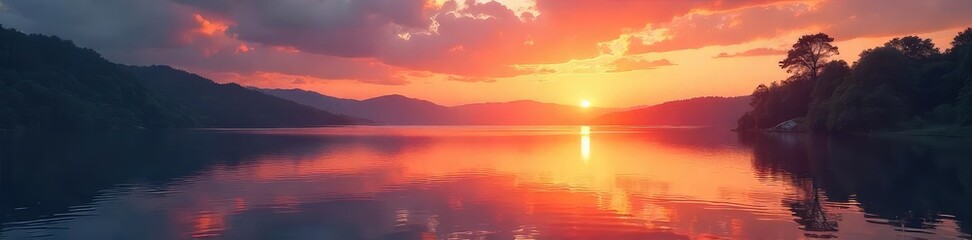 Vibrant sunrise over a tranquil lake, reflecting the peaceful, healthy energy of wellbeing  Perfect for wellness, mindfulness, and nature themes ,  optimism,  vibrant,  view