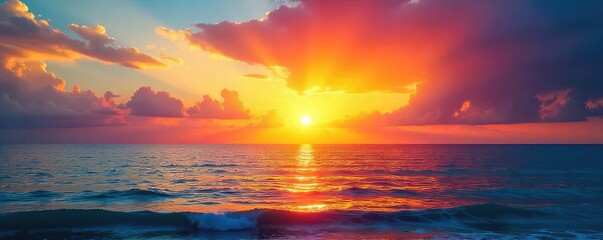 Vibrant sunset over a tranquil ocean, perfect for travel, nature, or calming themed projects Ideal for website backgrounds, presentations, and more , nature, dusk