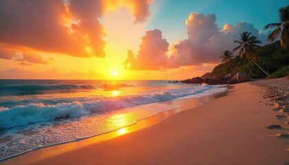 Vibrant sunset casting a warm golden hue over a pristine sandy beach, waves gently lapping the shore Perfect for travel, vacation, or nature themes , hue, coastline, sun