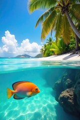 Vibrant tropical fish swim in crystal-clear turquoise water near a pristine sandy beach, palm trees swaying gently in the background, creating a paradise scene , sun, clear