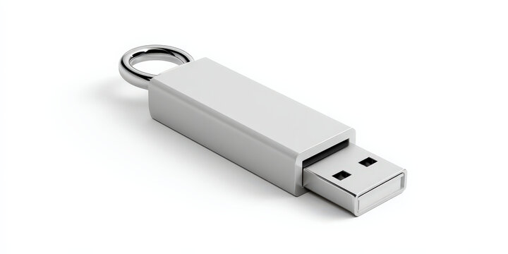 Sleek silver USB flash drive with keyring attachment lies on clean white background, showcasing its modern design and portability