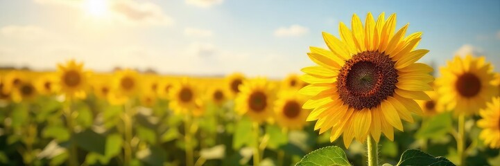 Vibrant yellow oil sunflowers bask in the summer sun, their heavy heads bowed with ripened seeds A picturesque scene of agricultural abundance and natural beauty , sun, rural