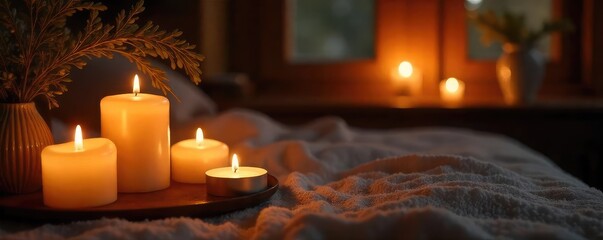 Warm, inviting glow of candlelight illuminating a cozy interior scene Perfect for relaxation, romance, or spa themes Soft shadows create a serene ambiance , ambiance, decor