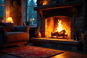 Warm, inviting glow of a fireplace radiating heat, cozy ambiance, perfect for winter nights, comfortable and relaxing atmosphere , red, autumn