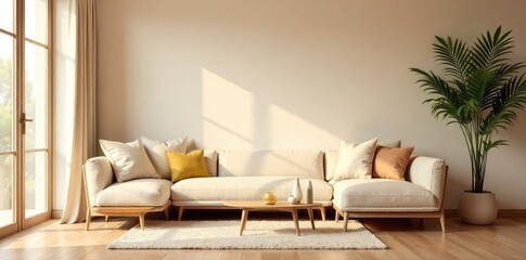 Warm, inviting interior background with soft lighting and subtle textures, perfect for home decor or lifestyle projects Neutral tones create a calm and serene atmosphere , plant, floor