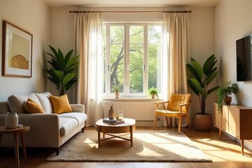 Warm, inviting living room with sunlight streaming through window, comfortable furniture, and cozy decor, perfect for a welcoming homepage , pillows, cheerful, happy