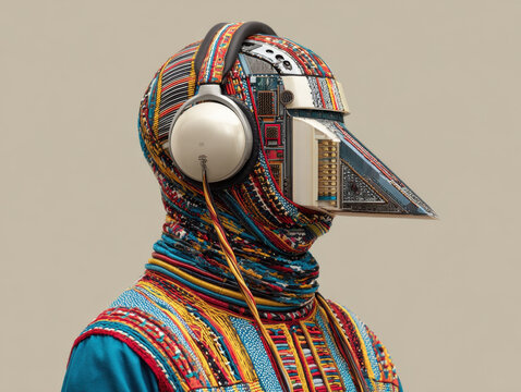 Stylish humanoid figure wearing colorful textured attire and oversized headphones, blending traditional patterns with futuristic design elements in a neutral backdrop.