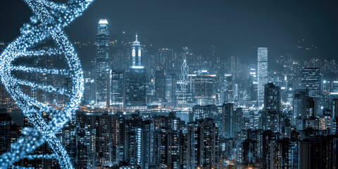 Digital DNA strand glows against futuristic cityscape, symbolizing integration of biotechnology and urban development. scene conveys innovation and technological advancement