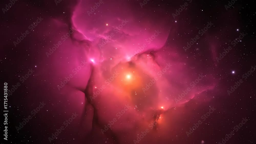 Wall mural a seamlessly looping video of a vibrant pink and orange nebula slowly expanding and swirling in deep