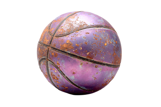 a purple and black basketball ball on a white surface