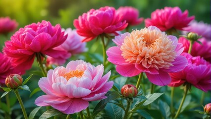 Fototapeta premium Vibrant peonies unfurl in a lush garden setting, showcasing their intricate details and delicate petals , colorful blooms, botanical detail